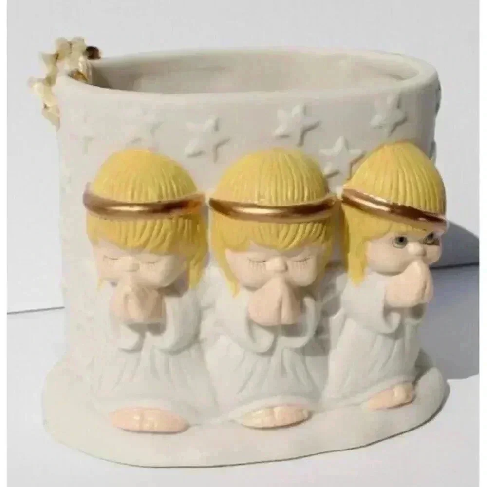 Vtg Hallmark Ceramic Vase Dish Displays 3 Angels Praying~White w/ Stars Heaven